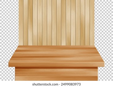 Wooden table surface perspective view. Vector realistic natural brown board tabletop and wood plank wall on transparent background. 3d interior design element, timber board for mock up, template.