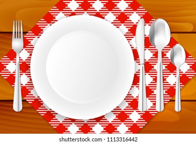 Wooden table, table-cloth, porcelain plate and stainless cutlery - vector illustration