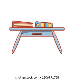 wooden table with text books
