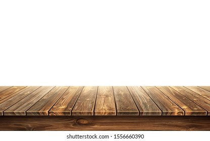 Wooden Table Top With Aged Surface, Realistic Vector Illustration. Vintage Dining Table Made Of Darkened Wood, Realistic Plank Texture. Empty Desk Top Isolated On White Wall.