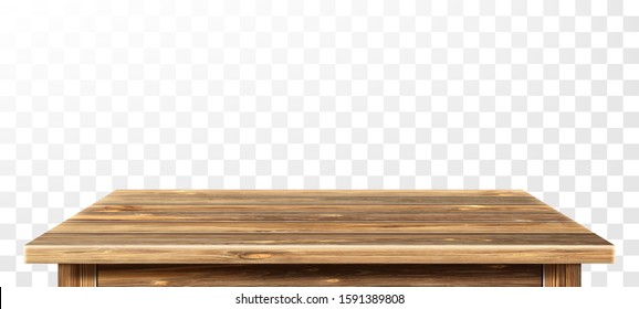 Wooden table top with aged surface, realistic vector illustration. Vintage dining table made of darkened wood, realistic plank texture. Empty desk top isolated on white wall.