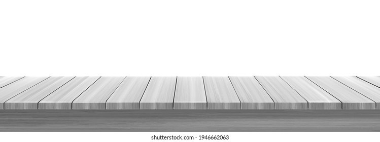 Wooden table top, desk or shelf isolated on white background. Vector realistic mockup of empty kitchen tabletop, bar counter or display stand from gray wood planks