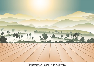 wooden table top with the mountain landscape,vector