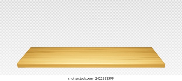 Wooden table top or shelf realistic vector mockup. Light brown kitchen or office desk plate with wood material surface. Foreground view on countertop panel for product display or presentation.