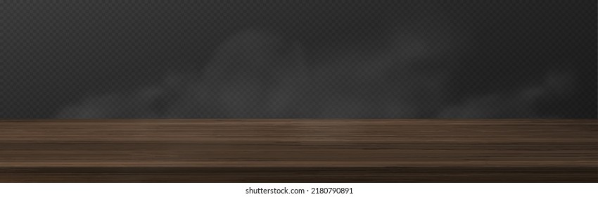 Wooden table top and white fog clouds isolated on transparent background. Vector realistic mockup of empty kitchen tabletop, bar counter or shelf brown wood board and smoke or steam above it