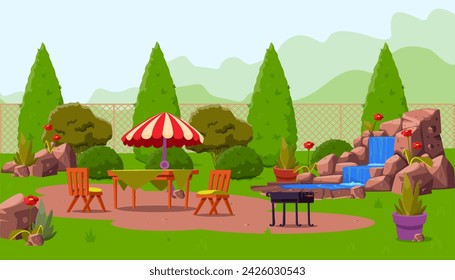 Wooden table with umbrella and chairs and barbecue grill vector illustration. Rock garden plant and green trees on background. Ornamental garden design. Gardening, decoration, picnic concept