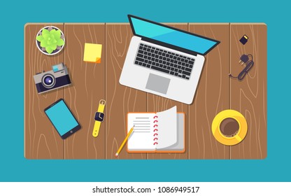 Wooden table and various devices set color banner vector illustration of laptop, smartphone with charger, camera near plant and yellow smart watches