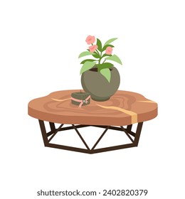 Wooden table vector illustration. Cartoon isolated cozy table with potted flowers and candle, wood top of circle shape and metal legs, modern furniture for office interior, home living room or balcony