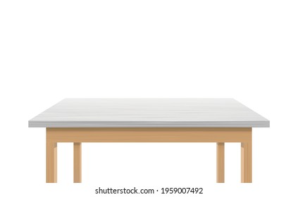 Wooden table with white surface close up. Contemporary writing table top with stylish plastic decor and trendy classic vector decoration.