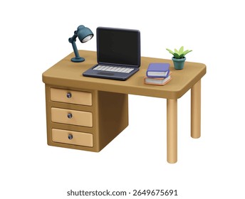 A wooden table workspace with laptop, books, and lamp icon 3d render illustration