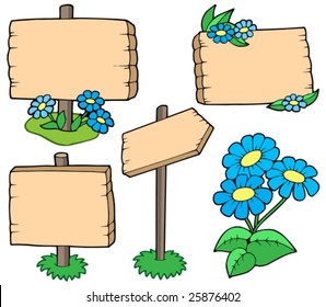 Mesas de madera con colección de flores - ilustración vectorial.