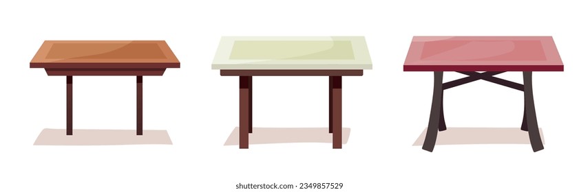 Wooden Tables for home in flat and cartoon style. Desk for the street, office and restaurant. Set of vector illustrations for decor and design.