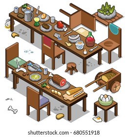 Wooden tables prepared for medieval dinner, including wine, fish, ham, eggs, salad and bread (isometric vector illustration)