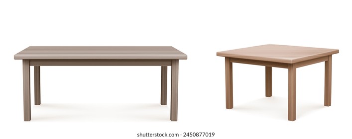 Wooden tables set isolated on white background. Vector realistic illustration of home or restaurant kitchen interior design furniture, office desk mockup made of natural wood, light brown oak tabletop