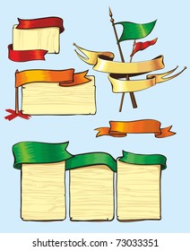 Wooden tablets with bright flags and ribbons. flutters in the wind. space for inscriptions