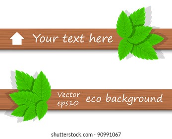 Wooden tablets for text with green leaves Vector set