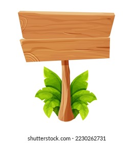 Wooden tablets, textured panels, signboard with jungle leaves in cartoon style isolated on white background. Rustic board, plank with place. Ui game assets, rural background. 
