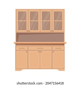 A wooden tall cabinet for storing dishes and kitchen utensils with glass and blank doors.  isolated image on a white background.  Vector illustration in a flat style.