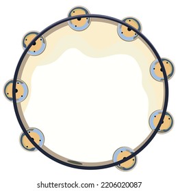 Wooden tambourine with metal jingles. Folk percussion music instrument with zills. Colored flat vector illustration of ethnic wood buben isolated on white background