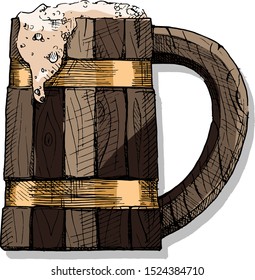 wooden tankard with a beverage. Beer or Kvass. Vector color illustration of drink in ink hand drawn style. isolated on white.