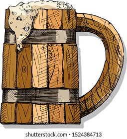 wooden tankard with a beverage. Beer or Kvass. Vector color illustration of drink in ink hand drawn style. isolated on white.