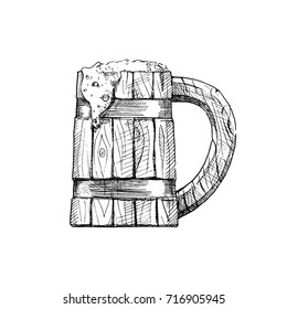 wooden tankard with a beverage. Beer or Kvass. Vector illustration of drink in ink hand drawn style. isolated on white.