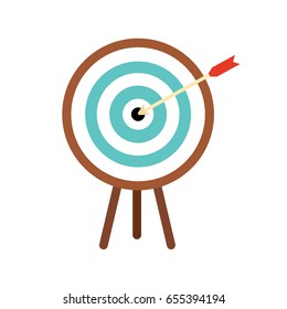 Wooden target for archery and arrow with red feather.