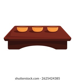 Wooden tea ceremony table with three teacups standing on top, ready for a traditional tea ceremony