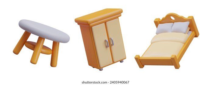 Wooden tea table, closet for clothes storage, and bed for comfortable sleeping. Set of different furniture for comfort living at home. Vector illustration in 3d style