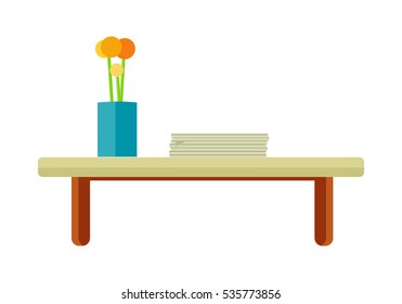 Wooden tea table with stack of paper and flower in pot. Orange flower in blue pot. Design element for home and office interior. Isolated object on white background. Vector illustration.