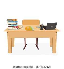 Wooden teacher school desk with books, laptop and school supplies on white background. Concept Back to school. School holidays. Vector illustration in flat cartoon style