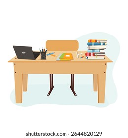 Wooden teacher school desk with books, laptop and school supplies on white background. Concept Back to school. School holidays. Vector illustration in flat cartoon style