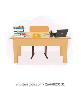 Wooden teacher school desk with books, laptop and school supplies on white background. Concept Back to school. School holidays. Vector illustration in flat cartoon style
