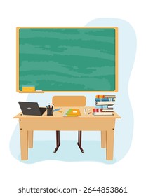 Wooden teacher school desk with books, laptop and school supplies and blackboard background. Concept Back to school on white background. Vector illustration in flat cartoon style