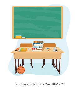 Wooden teacher's desk with books, a laptop, and school supplies against a school blackboard. Back to school concept on a white background. Vector illustration in a flat cartoon style