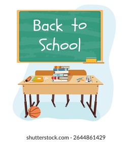 Wooden teacher's desk with books, a laptop, and school supplies against a school blackboard. Back to school concept on a white background. Vector illustration in a flat cartoon style