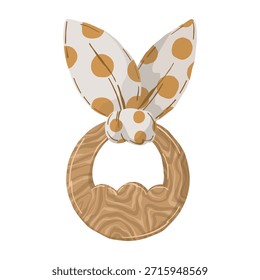 Wooden teether ring with textile leaves, hand drawn vector illustration. Eco friendly baby toy in boho nursery style isolated on white