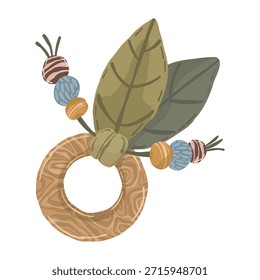 Wooden teether ring with textile leaves, hand drawn vector illustration. Eco friendly baby toy in boho nursery style isolated on white