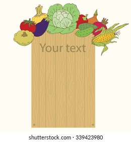 Wooden template  with vegetables. Vector illustration.