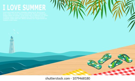 Wooden terrace or bridge, summer printed sandals and beach clothes with view of tropical ocean, lighthouse and palm leaves.  Vector illustration in flat style design.