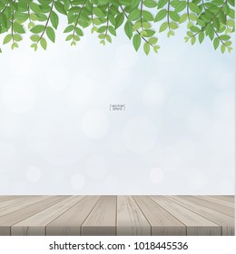 Wooden terrace or wooden deck and light blurred bokeh background used for montage or display product. Wooden terrace or deck pattern and texture. Outdoor background with wooden floor perspective. Vect