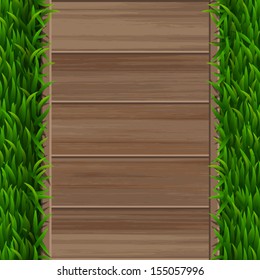 Wooden terrace floor on green grass background - Vector illustration