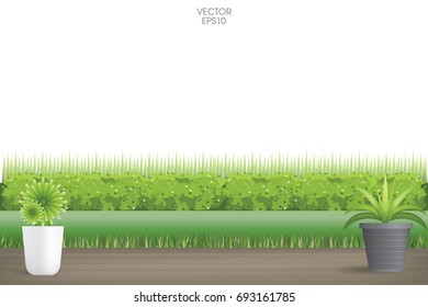 Wooden terrace and flowerpot with green natural background isolated on white, Vector illustration.