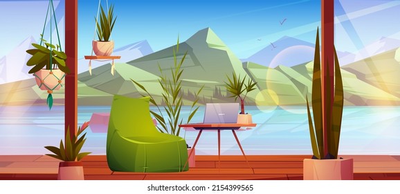 Wooden terrace with furniture and flowers on lake shore. Vector cartoon illustration of nordic landscape with river, mountains and cottage veranda with bean bag chair, table, laptop and houseplants