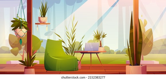 Wooden terrace with home plants, workplace with laptop and forest view. Cozy outdoor patio with scenery nature landscape background with trees. Villa or hotel relaxing area Cartoon vector illustration