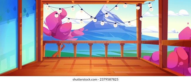 Wooden terrace of house overlooks mountain and pink sakura trees. Spring or summer cartoon Japanese landscape with place to relax to enjoy cherry blossoms in backyard. Hanami concept on wood veranda.