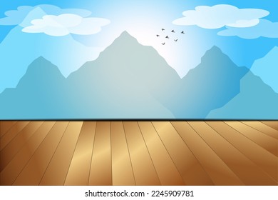 Wooden terrace with perspective view of mountain hills and fog.