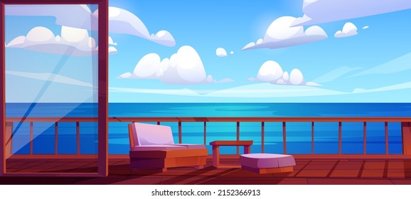 Wooden terrace with sea or ocean view. Home, villa or hotel area with sofa, ottoman and table on wood patio with fence and scenery nature calm seascape summer background, Cartoon vector illustration