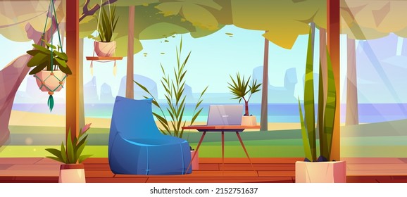 Wooden terrace with sea view. Home, villa or hotel area with laptop on table, armchair and potted plants on wood patio with scenery nature seascape, summer background, Cartoon vector illustration