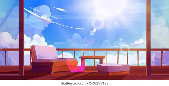 Wooden terrace with table and armchair above clouds against blue sky with sun. Cartoon patio or balcony made of wood with furniture for relax. Modern high house or hotel penthouse with deck for rest.